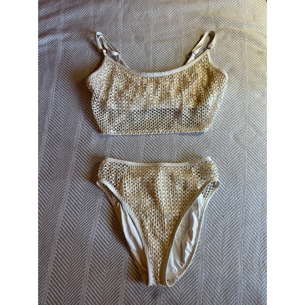 Robin Piccone Ivory Mesh Pua Crochet Bikini Set High Waist Top L Bottom M